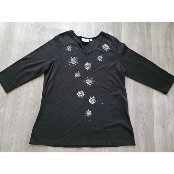 Quacker Factory Black Embellished Snowflake 3/4 Sleeve Top L Jeweled Design - Picture 2 of 7